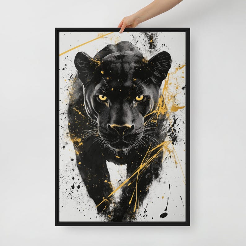 Black Panther Framed Canvas – Abstract Wall Art, Black and Gold Panther Painting, Large Digital Print, Modern Panther Wall Art