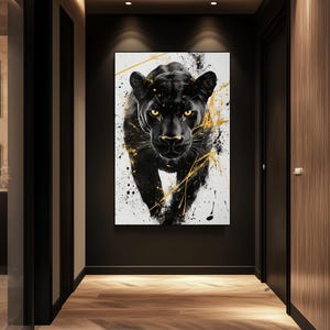 Black Panther Framed Canvas – Abstract Wall Art, Black and Gold Panther Painting, Large Digital Print, Modern Panther Wall Art