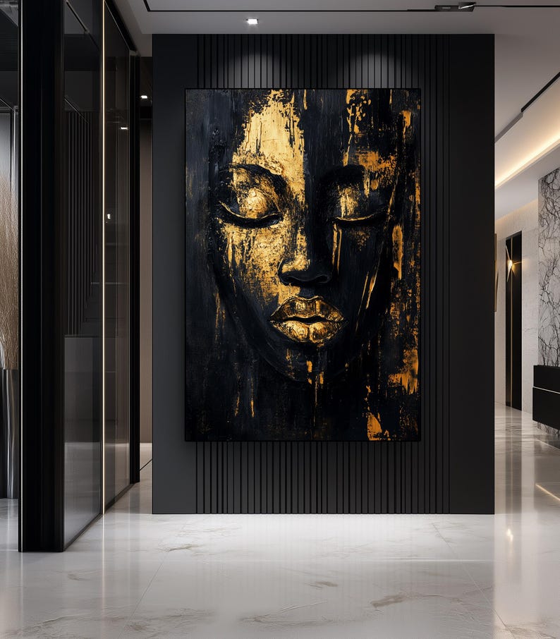 Female Face Framed Canvas Wall Art, Black and Gold Art, Black and Gold Wall Art, Luxury Home Decor, Abstract Wall Art, Gold Wall Prints