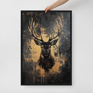 Deer Framed Canvas Wall Art – Black and Gold Animal Print, Luxury Wildlife Decor, Abstract Wall Art, Modern Gold Accent for Home