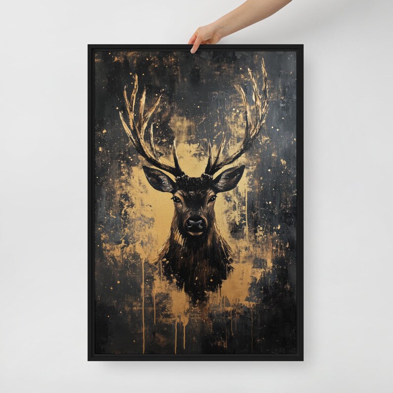 Deer Framed Canvas Wall Art – Black and Gold Animal Print, Luxury Wildlife Decor, Abstract Wall Art, Modern Gold Accent for Home