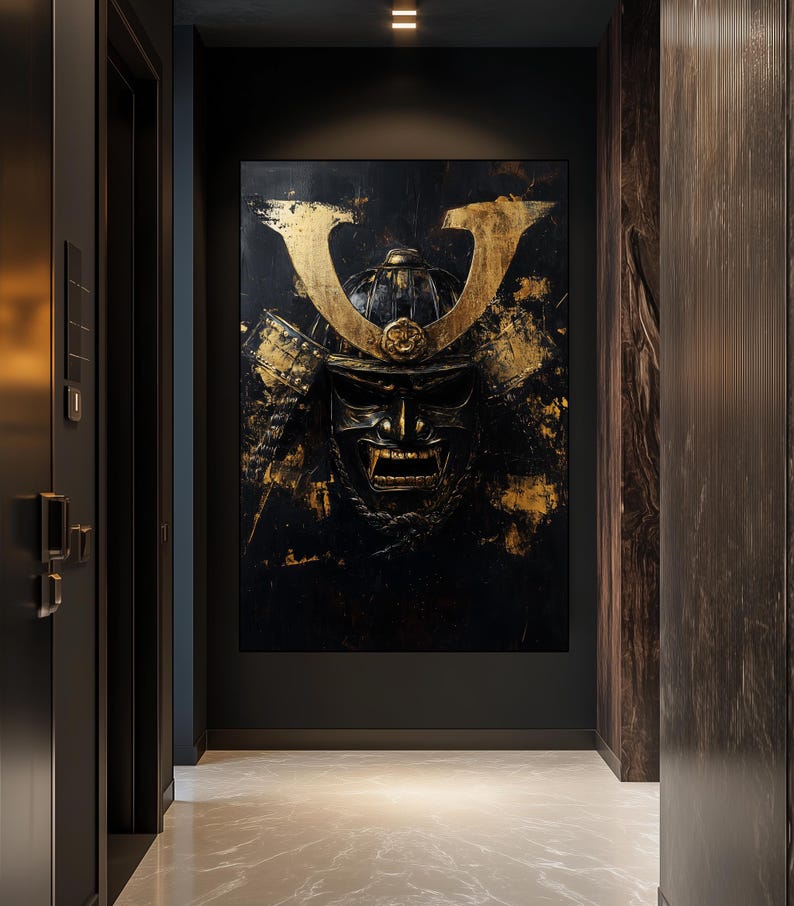 Samurai Wall Art – Gold and Black Japanese Mask Canvas, Luxury Warrior ...