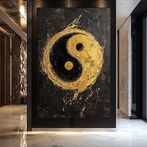 Yin Yang Wall Art – Black and Gold Canvas, Luxury Abstract Painting, Modern Zen Decor, Spiritual Balance Artwork, Elegant Home Wall Art