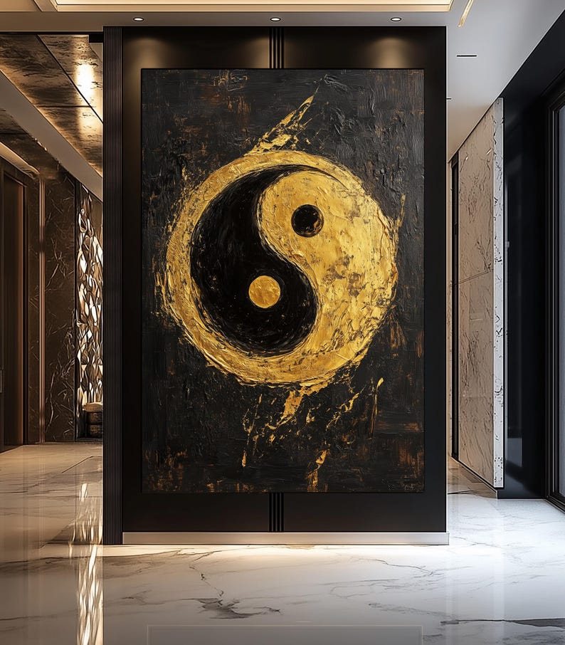 Yin Yang Wall Art – Black and Gold Canvas, Luxury Abstract Painting, Modern Zen Decor, Spiritual Balance Artwork, Elegant Home Wall Art
