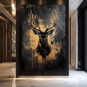 Deer Framed Canvas Art: Black and Gold Wildlife Print