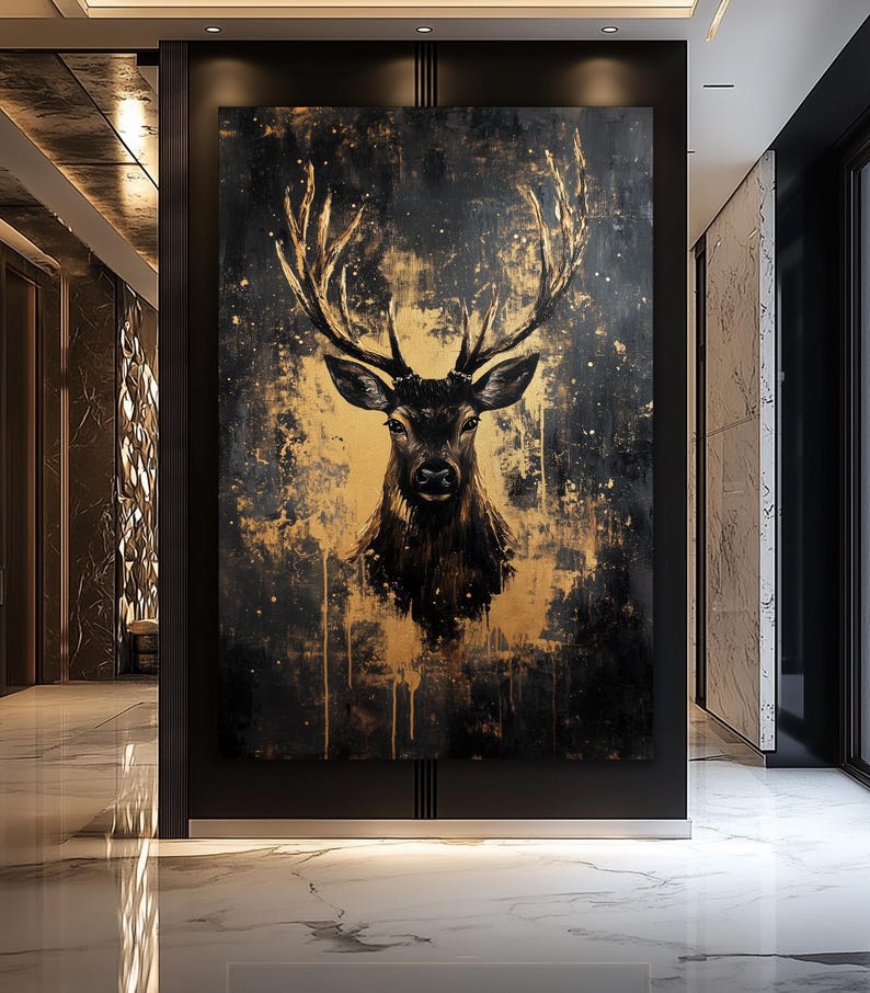 Deer Wall Art Canvas Print, Black and Gold Stag Wall Decor, Rustic Cabin Artwork, Luxury Wildlife Canvas, Modern Masculine Home Wall Art