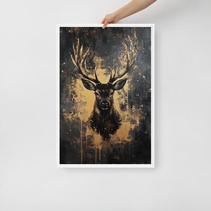 Deer Framed Canvas Wall Art – Black and Gold Animal Print, Luxury Wildlife Decor, Abstract Wall Art, Modern Gold Accent for Home