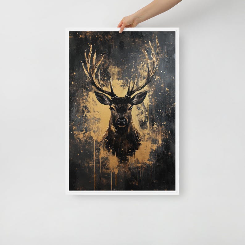 Deer Framed Canvas Wall Art – Black and Gold Animal Print, Luxury Wildlife Decor, Abstract Wall Art, Modern Gold Accent for Home