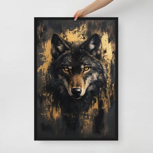 Wolf Framed Canvas Wall Art – Black and Gold Animal Print, Luxury Wildlife Decor, Abstract Wall Art, Modern Gold Accent for Home