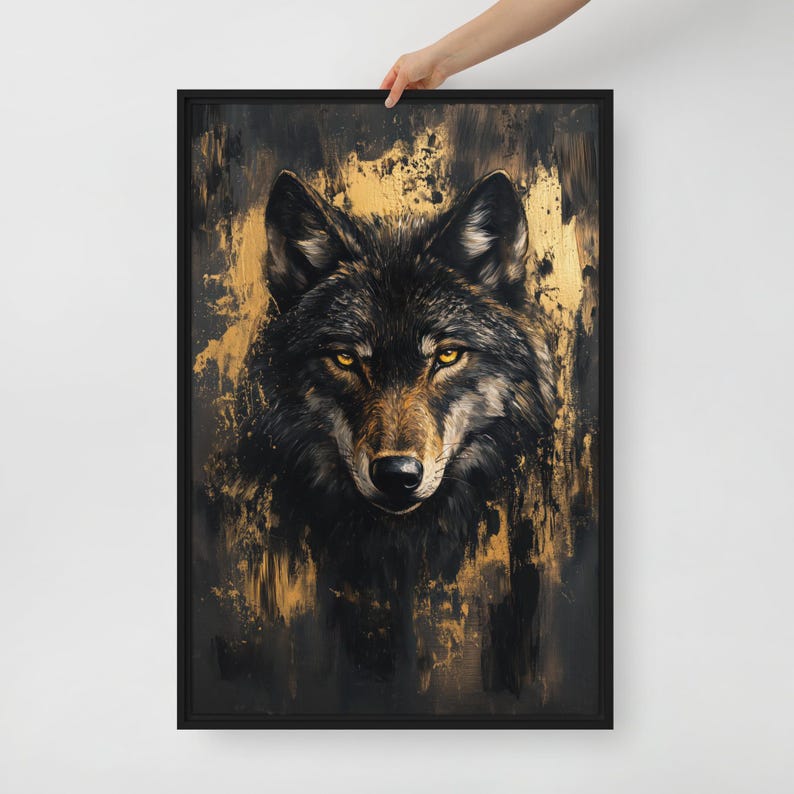 Wolf Framed Canvas Wall Art – Black and Gold Animal Print, Luxury Wildlife Decor, Abstract Wall Art, Modern Gold Accent for Home