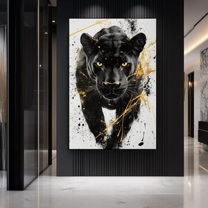 Toile encadrée Panthère noire - Art mural abstrait, peinture panthère noir et or, grande impression numérique, art mural panthère moderne