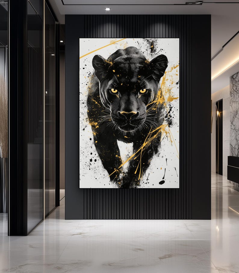 Black Panther Wall Art – Black and Gold Canvas, Luxury Animal Painting, Modern Masculine Decor, Bold Abstract Artwork, Statement Wall Art