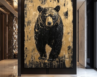 黒と金のクマのアートプリント、素朴なキャビン装飾（デジタルダウンロード）