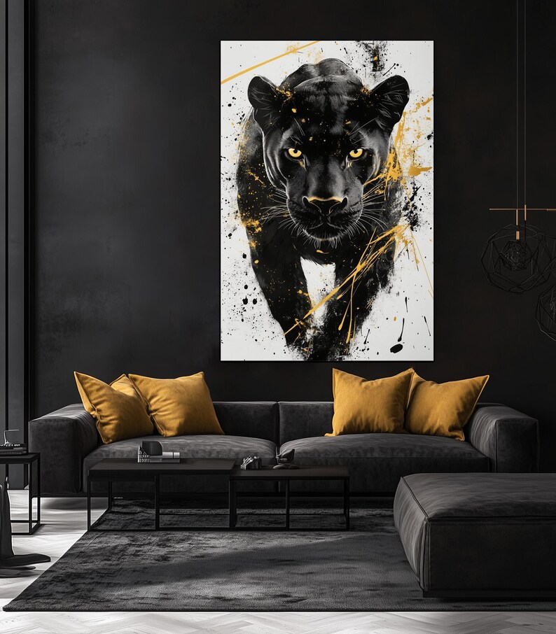 Black Panther Digital Print – Black and Gold Abstract Wall Art, Panther Poster, Modern Home Decor, Wildlife Art, Printable Jungle Artwork