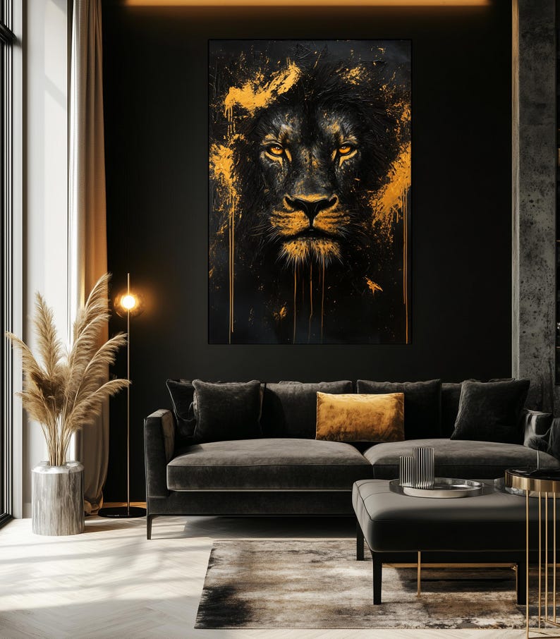 Lion Wall Art – Framed Canvas. Black and Gold Lion Poster Print, Modern