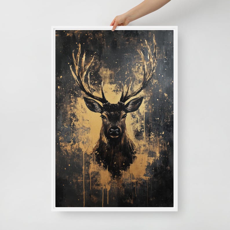 Deer Framed Canvas Wall Art – Black and Gold Animal Print, Luxury Wildlife Decor, Abstract Wall Art, Modern Gold Accent for Home