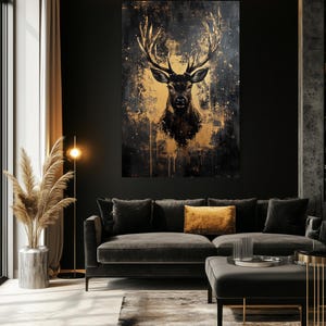 Deer Framed Canvas Wall Art – Black and Gold Animal Print, Luxury Wildlife Decor, Abstract Wall Art, Modern Gold Accent for Home