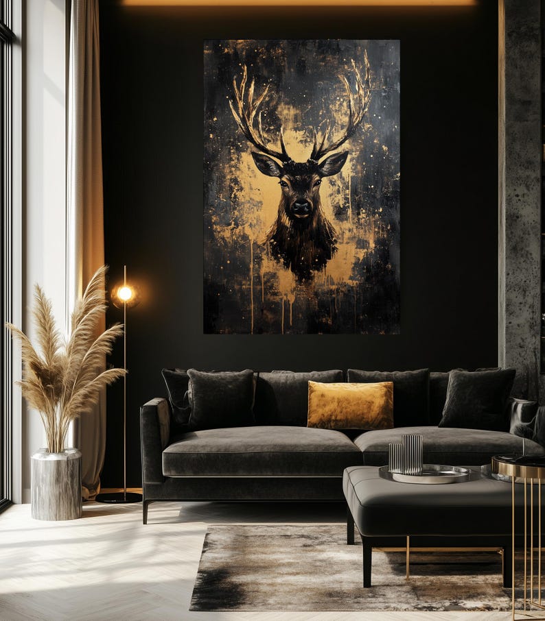 Deer Framed Canvas Wall Art – Black and Gold Animal Print, Luxury Wildlife Decor, Abstract Wall Art, Modern Gold Accent for Home