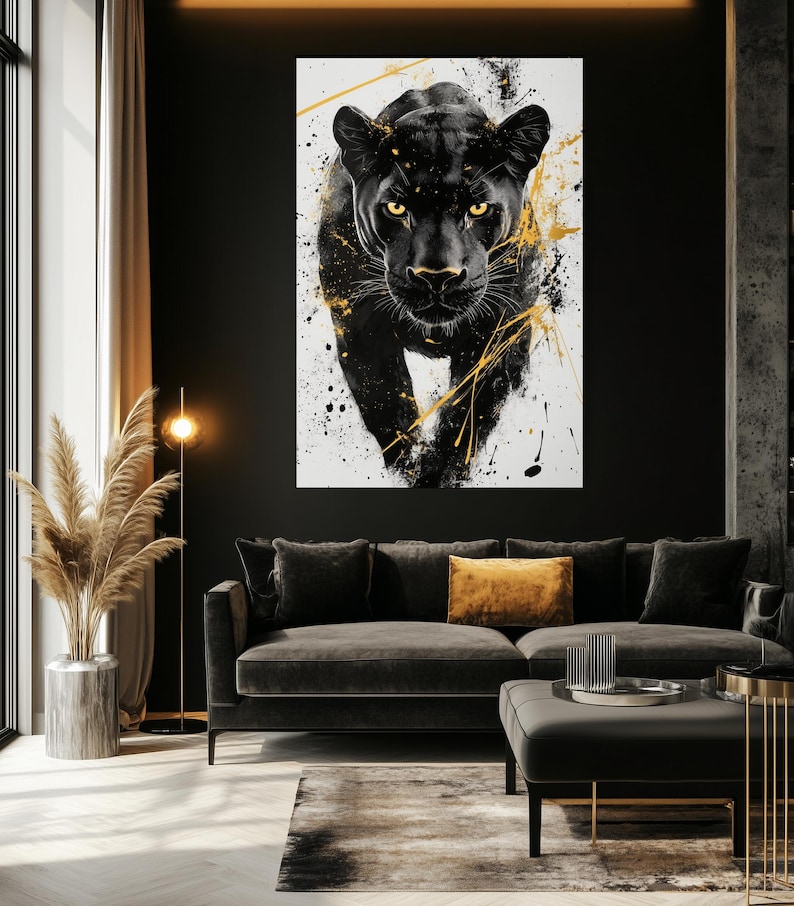 Black Panther Framed Canvas – Abstract Wall Art, Black and Gold Panther Painting, Large Digital Print, Modern Panther Wall Art