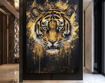 Stampa artistica astratta di tigre, decorazione nera e oro (download digitale)