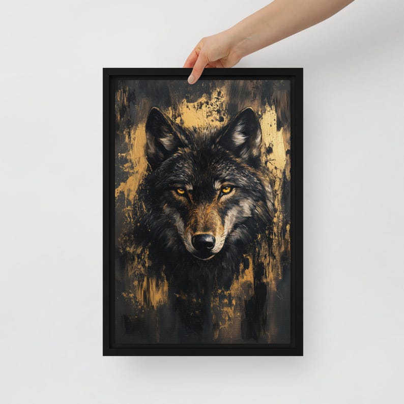 Wolf Framed Canvas Wall Art – Black and Gold Animal Print, Luxury Wildlife Decor, Abstract Wall Art, Modern Gold Accent for Home