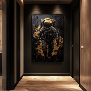 Astronaut Abstract Art Digital Print – Black and Gold Space Wall Art, Astronaut Painting, Modern Space Decor, Printable Astronaut Art