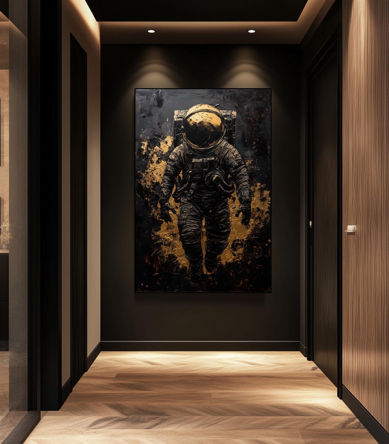 Astronaut Abstract Art Digital Print – Black and Gold Space Wall Art, Astronaut Painting, Modern Space Decor, Printable Astronaut Art