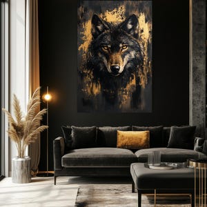 Wolf Framed Canvas Wall Art – Black and Gold Animal Print, Luxury Wildlife Decor, Abstract Wall Art, Modern Gold Accent for Home