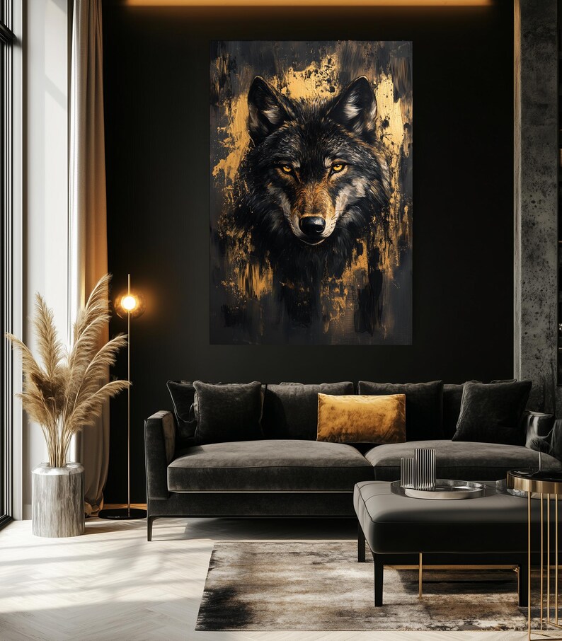 Wolf Framed Canvas Wall Art – Black and Gold Animal Print, Luxury Wildlife Decor, Abstract Wall Art, Modern Gold Accent for Home