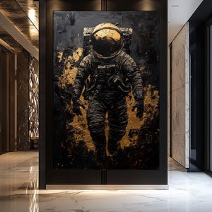 Astronaut Wall Art Digital Download – Black and Gold Space Poster, Full Body Astronaut Printable Art, Modern Cosmic Wall Decor