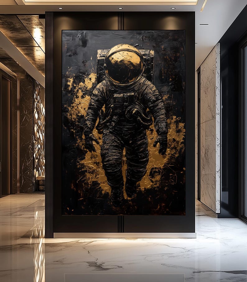Astronaut Wall Art Digital Download – Black and Gold Space Poster, Full Body Astronaut Printable Art, Modern Cosmic Wall Decor