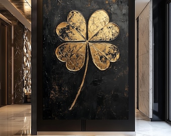 Gold Clover Wall Art – Black and Gold Canvas Print, Modern Luxury Wall Decor, St. Patrick’s Day Gift, Lucky Abstract Artwork
