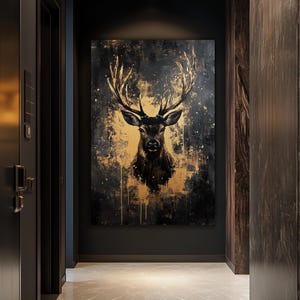 Deer Framed Canvas Wall Art – Black and Gold Animal Print, Luxury Wildlife Decor, Abstract Wall Art, Modern Gold Accent for Home