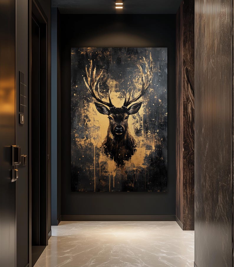 Deer Framed Canvas Wall Art – Black and Gold Animal Print, Luxury Wildlife Decor, Abstract Wall Art, Modern Gold Accent for Home