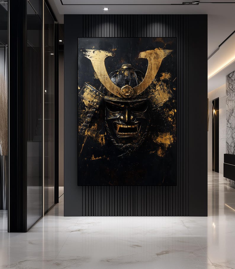 Samurai Wall Art – Gold and Black Japanese Mask Canvas, Luxury Warrior ...