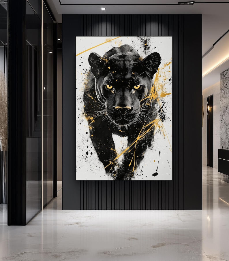 Black Panther Digital Print – Black and Gold Abstract Wall Art, Panther Poster, Modern Home Decor, Wildlife Art, Printable Jungle Artwork