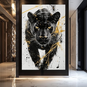 Impresión digital de Pantera Negra: Arte mural abstracto en negro y dorado, póster de pantera, decoración moderna para el hogar, arte de vida silvestre, ilustraciones imprimibles de la jungla