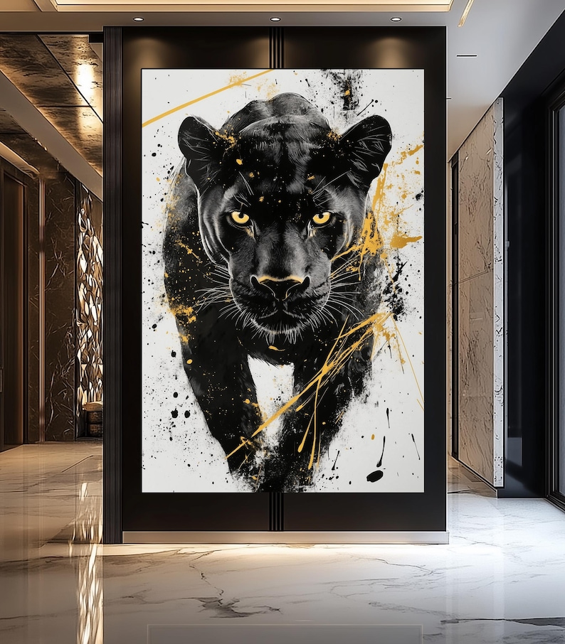 Black Panther Wall Art Digital Print Luxury Black and Gold Animal Poster Modern Masculine Decor Bold Abstract Artwork Instant Download