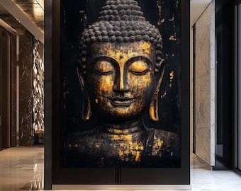 May include: A close-up of a golden Buddha statue with a black background. The statue has a serene expression and closed eyes.
