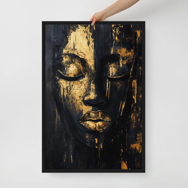 Female Face Framed Canvas Wall Art, Black and Gold Art, Black and Gold Wall Art, Luxury Home Decor, Abstract Wall Art, Gold Wall Prints