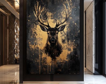 Zwart-gouden hertprint, rustiek interieurdecor (digitale download)