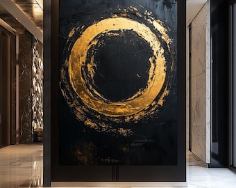 Zen Circle Wall Art Gold and Black Abstract Japanese Enso Canvas Modern Minimalist Decor Luxury Home Artwork Contemporary Print