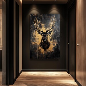 Deer Framed Canvas Wall Art – Black and Gold Animal Print, Luxury Wildlife Decor, Abstract Wall Art, Modern Gold Accent for Home