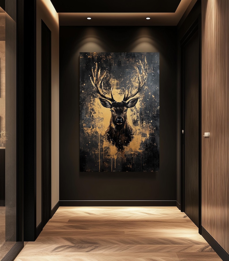 Deer Framed Canvas Wall Art – Black and Gold Animal Print, Luxury Wildlife Decor, Abstract Wall Art, Modern Gold Accent for Home