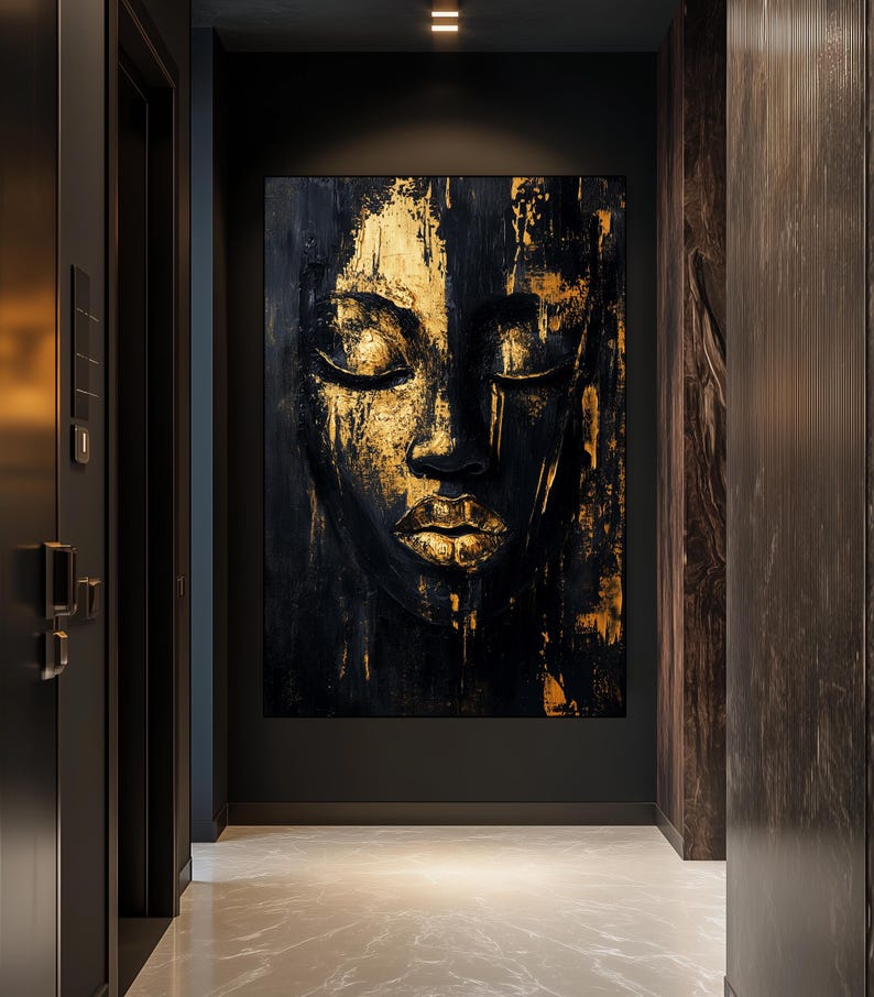 Female Face Framed Canvas Wall Art, Black and Gold Art, Black and Gold Wall Art, Luxury Home Decor, Abstract Wall Art, Gold Wall Prints
