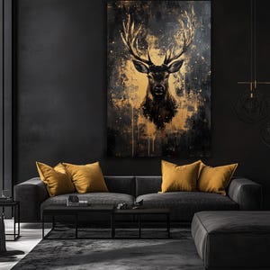 Deer Framed Canvas Wall Art – Black and Gold Animal Print, Luxury Wildlife Decor, Abstract Wall Art, Modern Gold Accent for Home