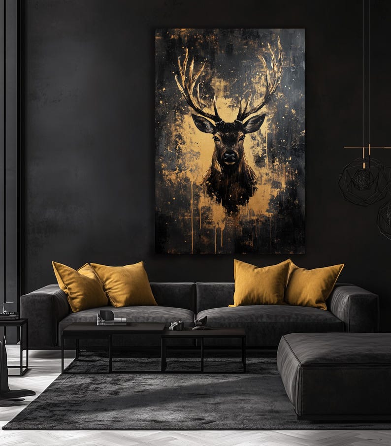 Deer Framed Canvas Wall Art – Black and Gold Animal Print, Luxury Wildlife Decor, Abstract Wall Art, Modern Gold Accent for Home