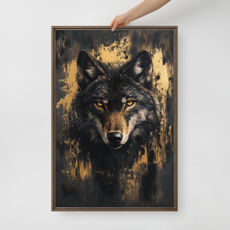 Wolf Framed Canvas Wall Art – Black and Gold Animal Print, Luxury Wildlife Decor, Abstract Wall Art, Modern Gold Accent for Home