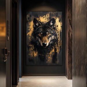 Wolf Framed Canvas Wall Art – Black and Gold Animal Print, Luxury Wildlife Decor, Abstract Wall Art, Modern Gold Accent for Home