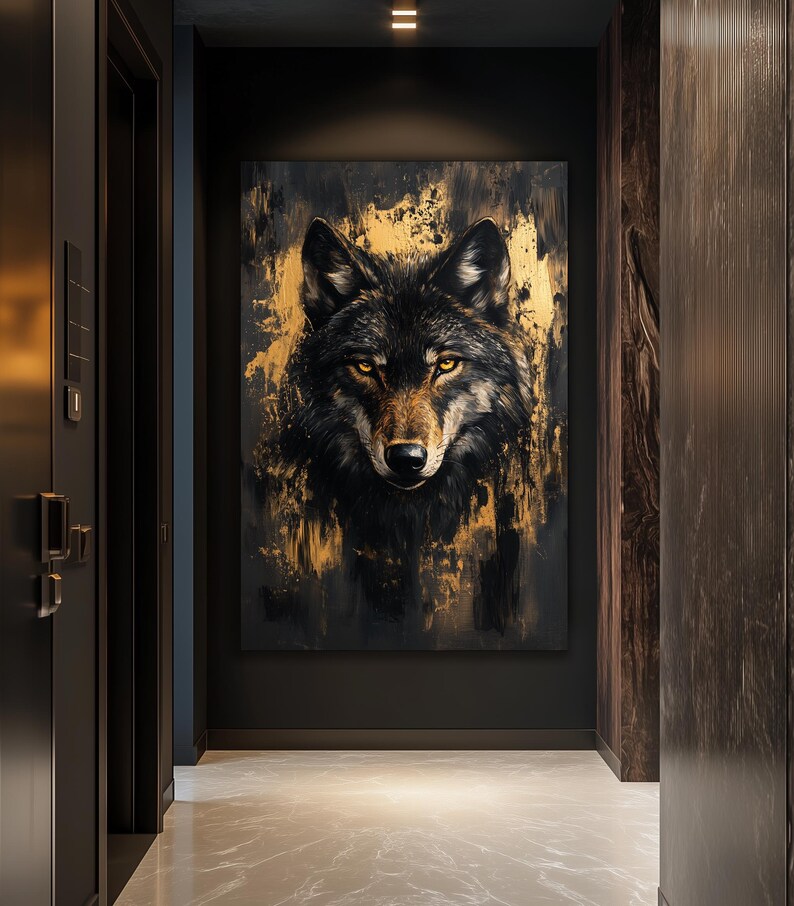 Wolf Framed Canvas Wall Art – Black and Gold Animal Print, Luxury Wildlife Decor, Abstract Wall Art, Modern Gold Accent for Home
